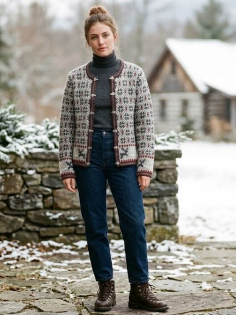 WOOLRICH Vintage Nordic Reindeer Metal Clasp Wool Cardigan Medium